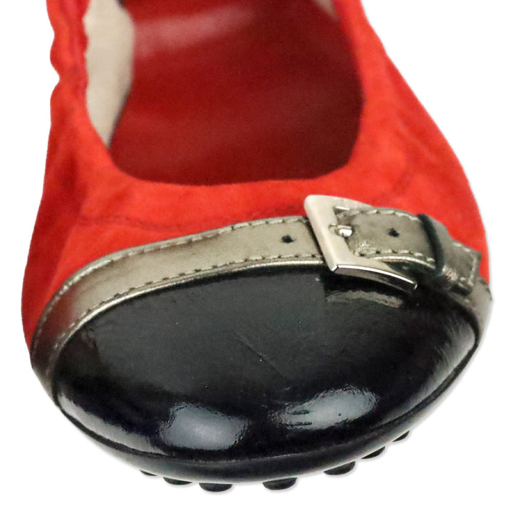Tod's Red Suede and Black Patent Cap-Toe Buckle Elasticized Ballet Flats