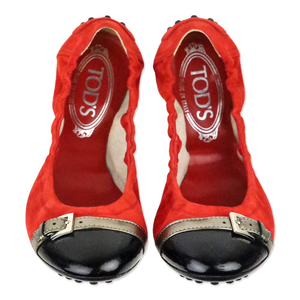 Tod's Red Suede and Black Patent Cap-Toe Buckle Elasticized Ballet Flats