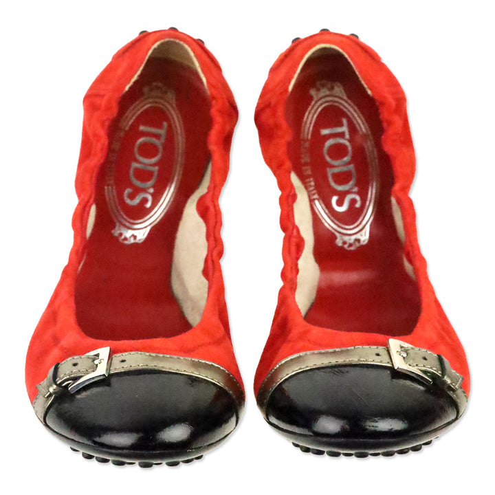 Tod's Red Suede and Black Patent Cap-Toe Buckle Elasticized Ballet Flats