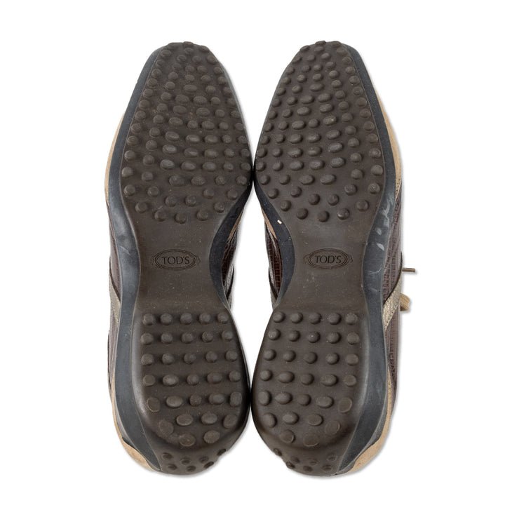 Tod's Tan Suede Brown Croc Embossed Leather Driving Sneaker