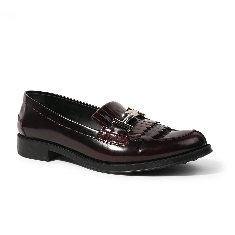 Tod's Burgundy Patent Leather Gommino Fringe Double T Loafers