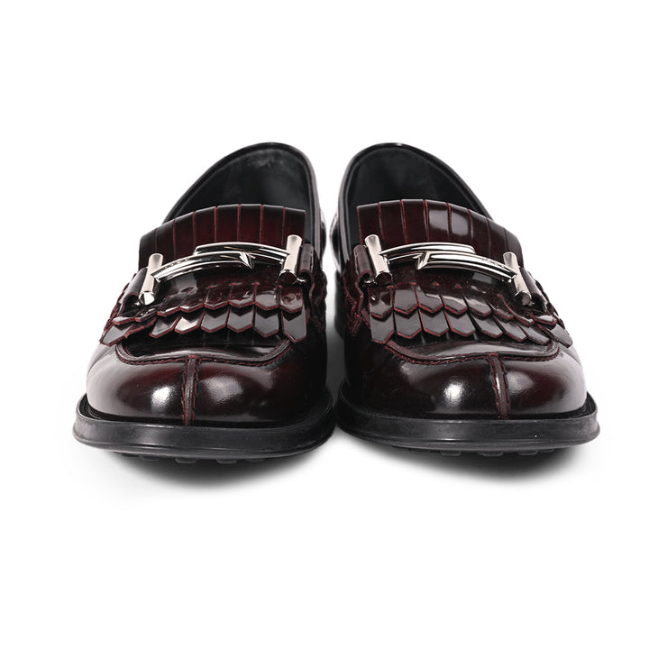 Tod's Burgundy Patent Leather Gommino Fringe Double T Loafers