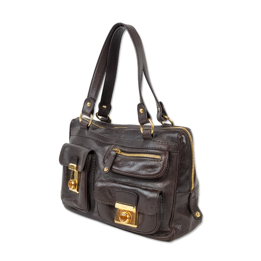 Tods Brown Leather Pocket Accent Bag with Gold Hardware