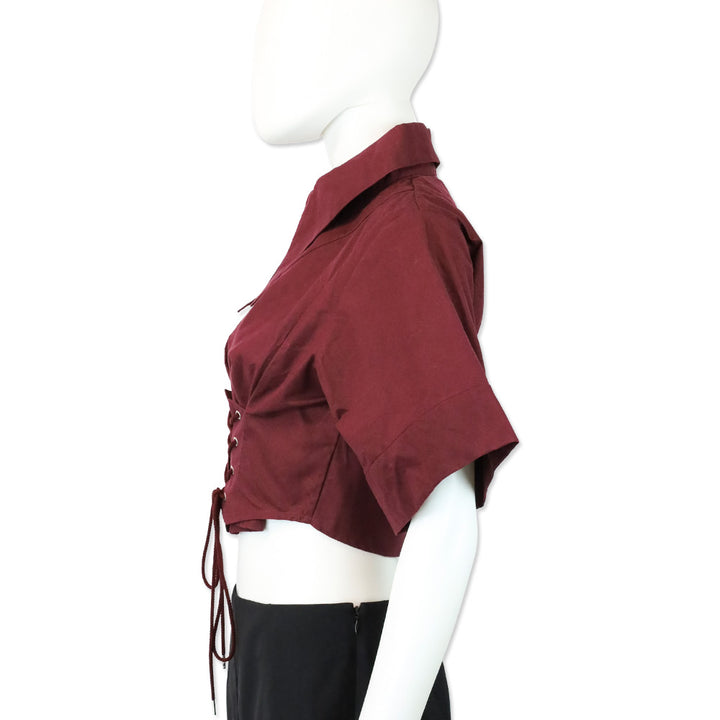 Tolu Coker Burgundy Lace-Up Cotton Poplin Cropped Shirt