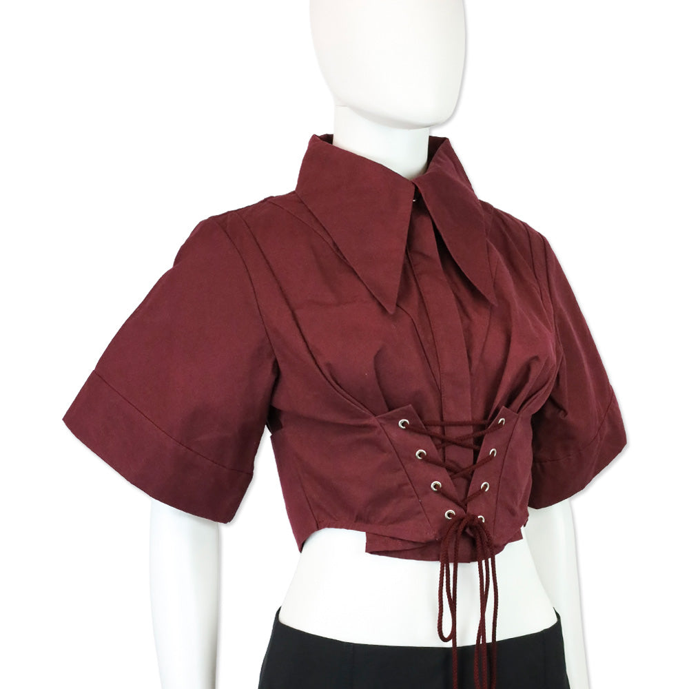 Tolu Coker Burgundy Lace-Up Cotton Poplin Cropped Shirt
