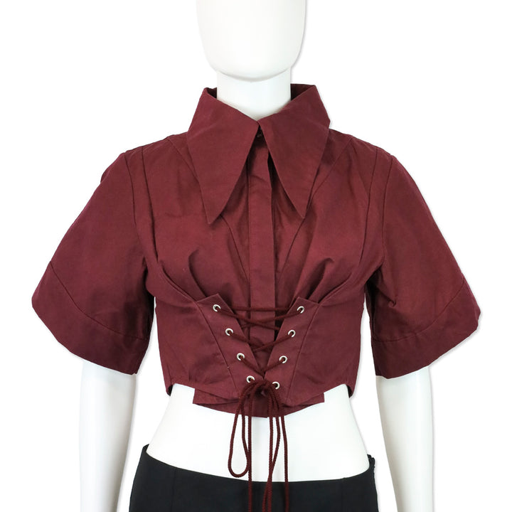 Tolu Coker Burgundy Lace-Up Cotton Poplin Cropped Shirt