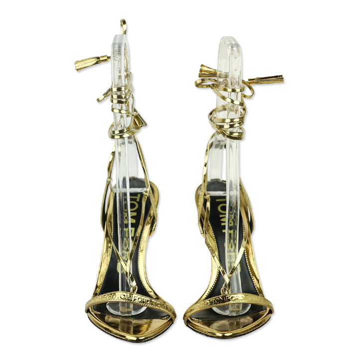 Tom Ford Gold Metallic Leather Mirror Ankle Wrap Sandal