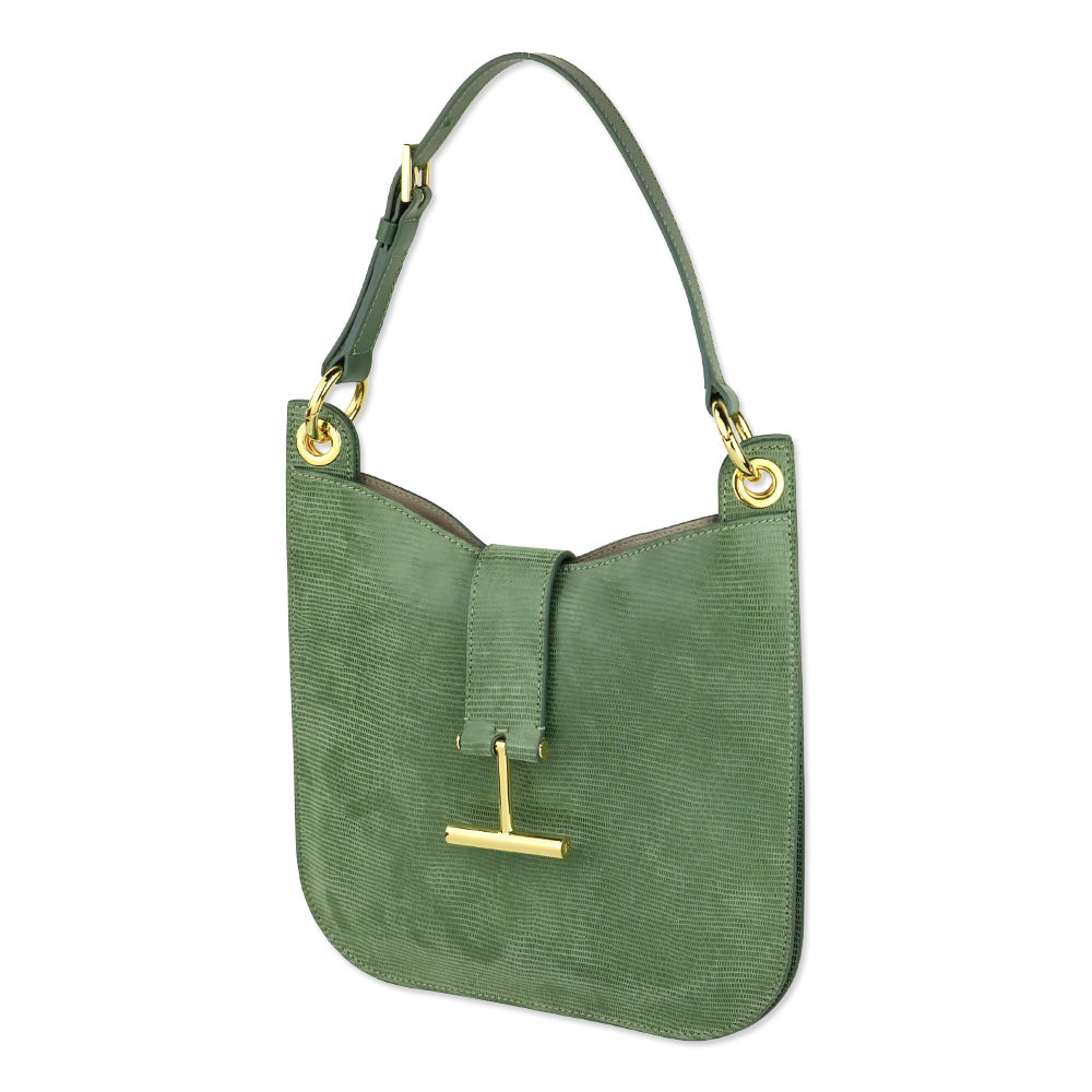 Tom Ford Small Tara Lizard Embossed Laurel Green Leather Top Handle Bag