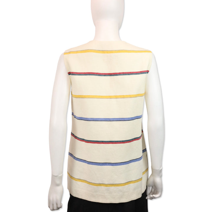 Tory Burch Avery Ivory Stripe Embroidered Cotton & Linen Sleeveless Tunic