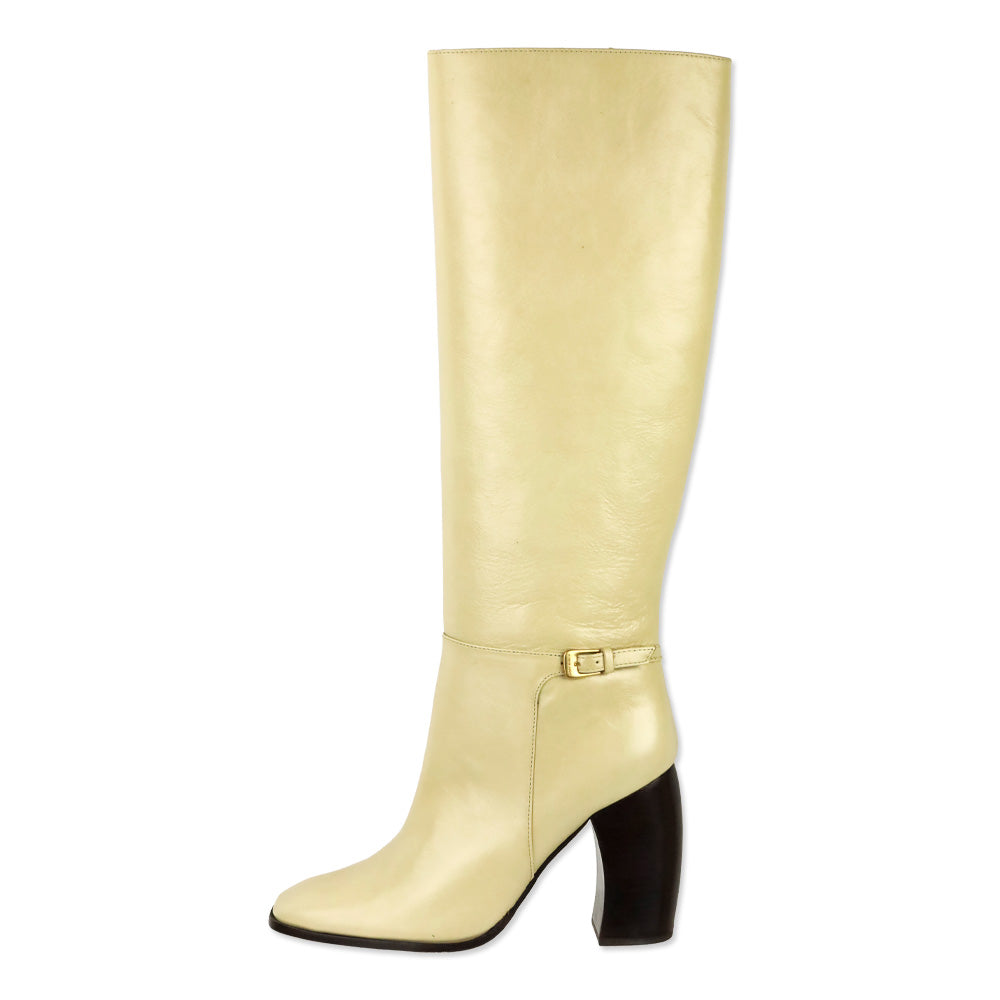 Tory Burch Banana Pudding Wrinkle Calf Leather Curved Heel Buckle Boot