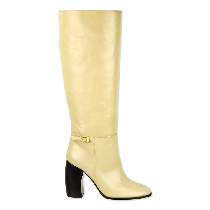 Tory Burch Banana Pudding Wrinkle Calf Leather Curved Heel Buckle Boot
