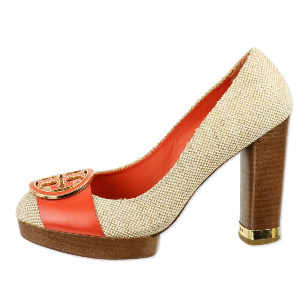 Tory Burch Beige Canvas/Orange Leather Double T Platform Pumps