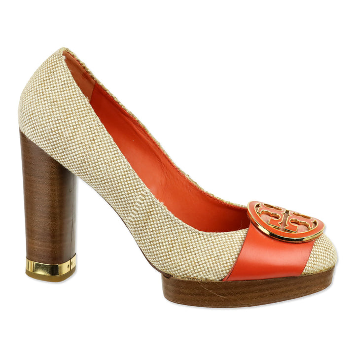 Tory Burch Beige Canvas/Orange Leather Double T Platform Pumps