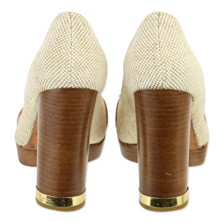 Tory Burch Beige Canvas/Orange Leather Double T Platform Pumps