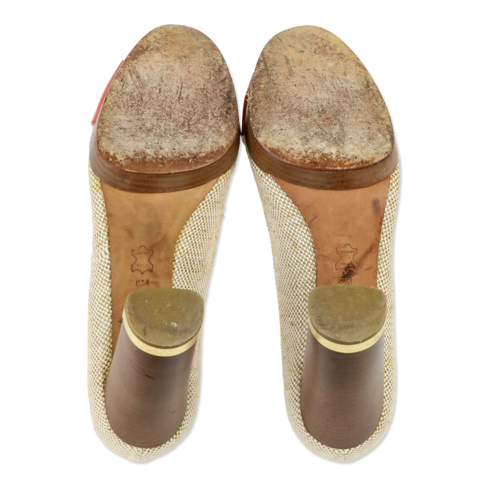 Tory Burch Beige Canvas/Orange Leather Double T Platform Pumps