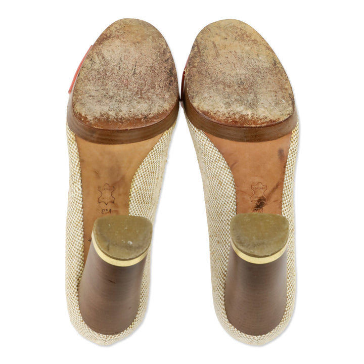 Tory Burch Beige Canvas/Orange Leather Double T Platform Pumps