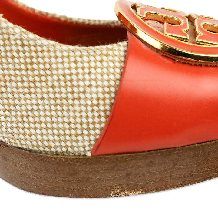 Tory Burch Beige Canvas/Orange Leather Double T Platform Pumps