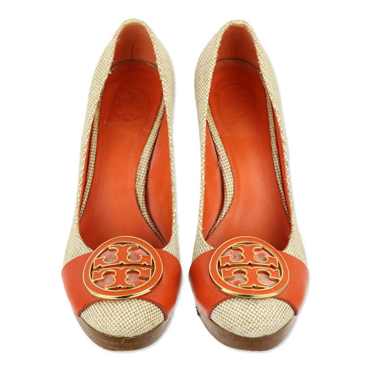 Tory Burch Beige Canvas/Orange Leather Double T Platform Pumps