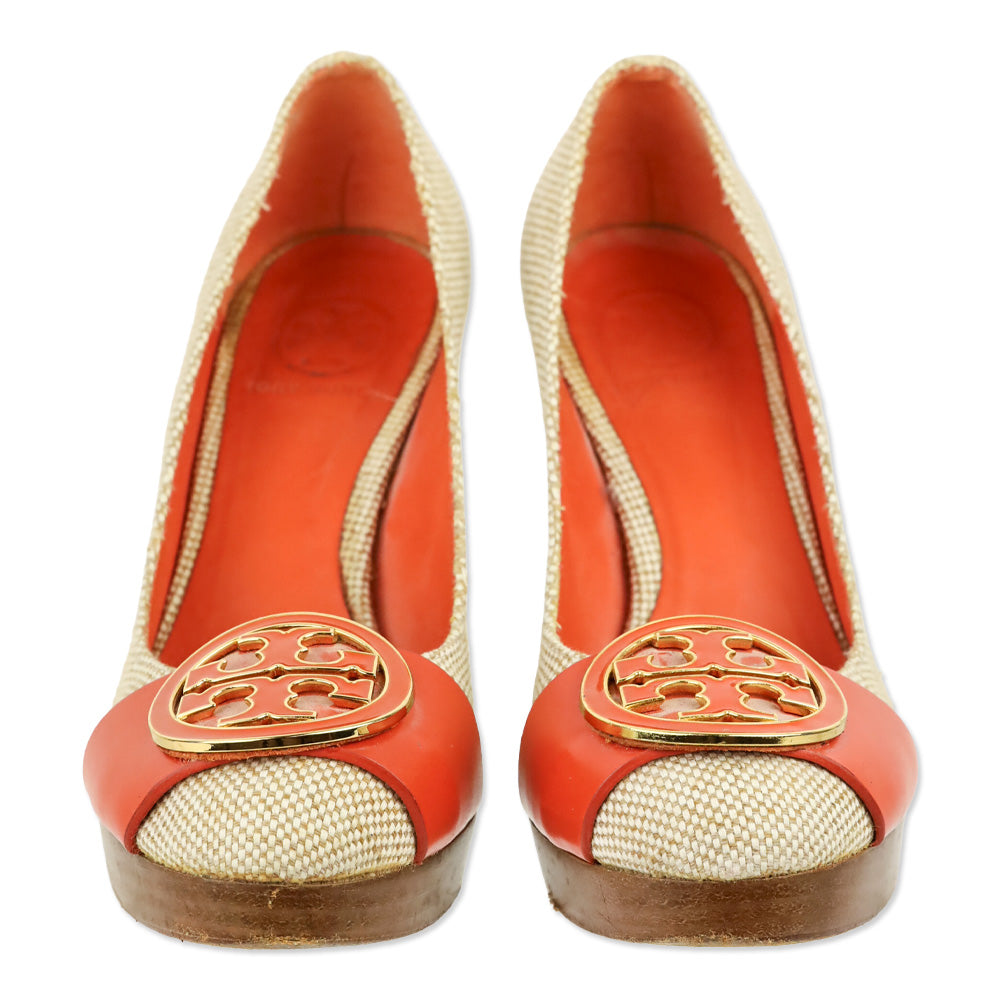 Tory Burch Beige Canvas/Orange Leather Double T Platform Pumps