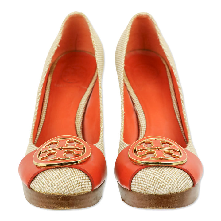 Tory Burch Beige Canvas/Orange Leather Double T Platform Pumps
