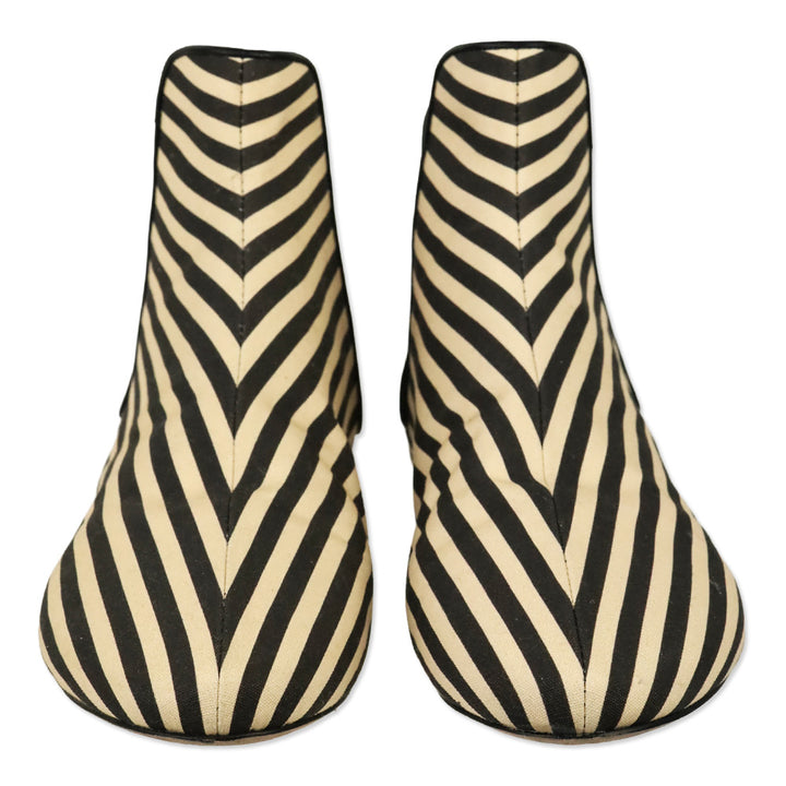 Tory Burch Cream & Black Canvas Striped Chelsea Ankle Boots