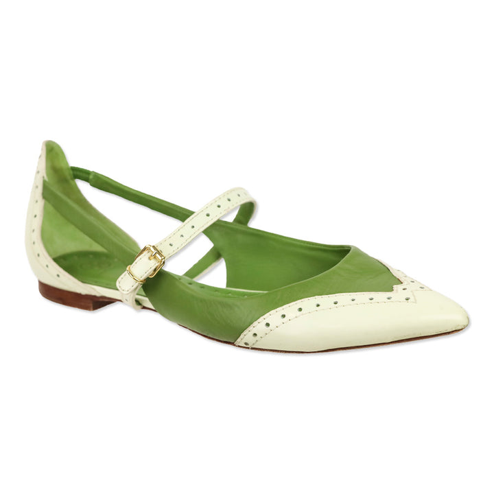 Tory Burch Bernadette Green/White Leather Point-Toe Flat