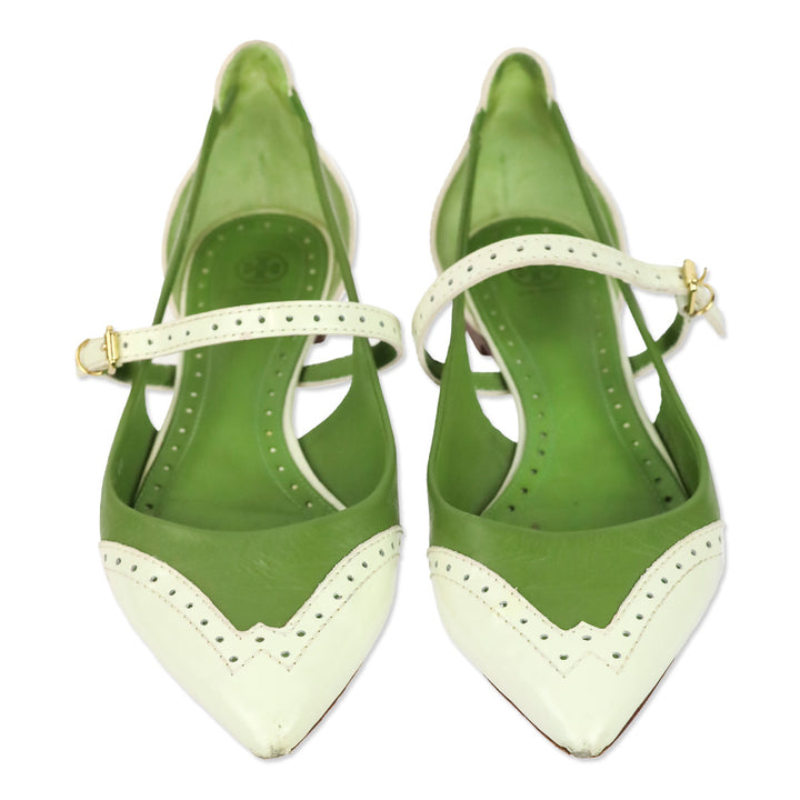 Tory Burch Bernadette Green/White Leather Point-Toe Flat