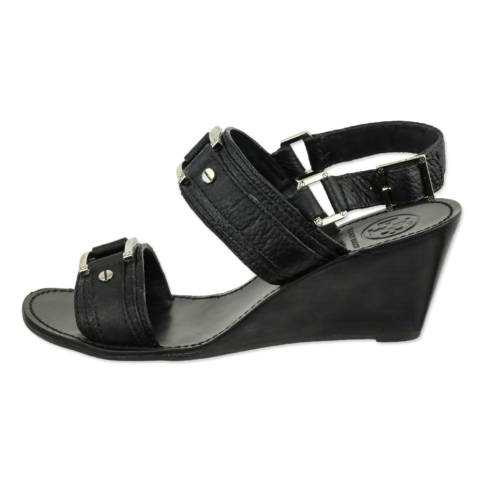 Tory Burch Black Carys Tumbled Leather Wedge Sandal