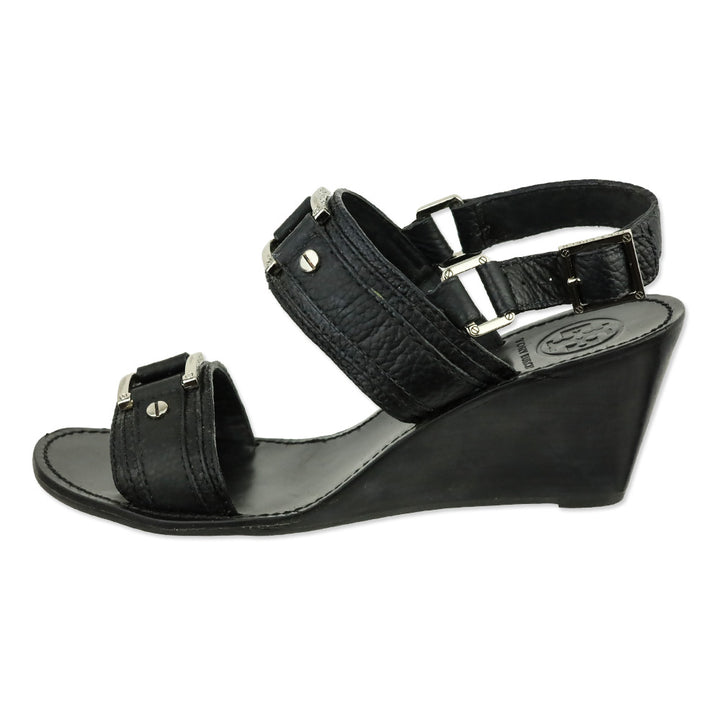 Tory Burch Black Carys Tumbled Leather Wedge Sandal