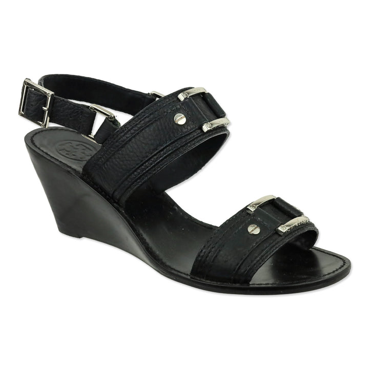 Tory Burch Black Carys Tumbled Leather Wedge Sandal