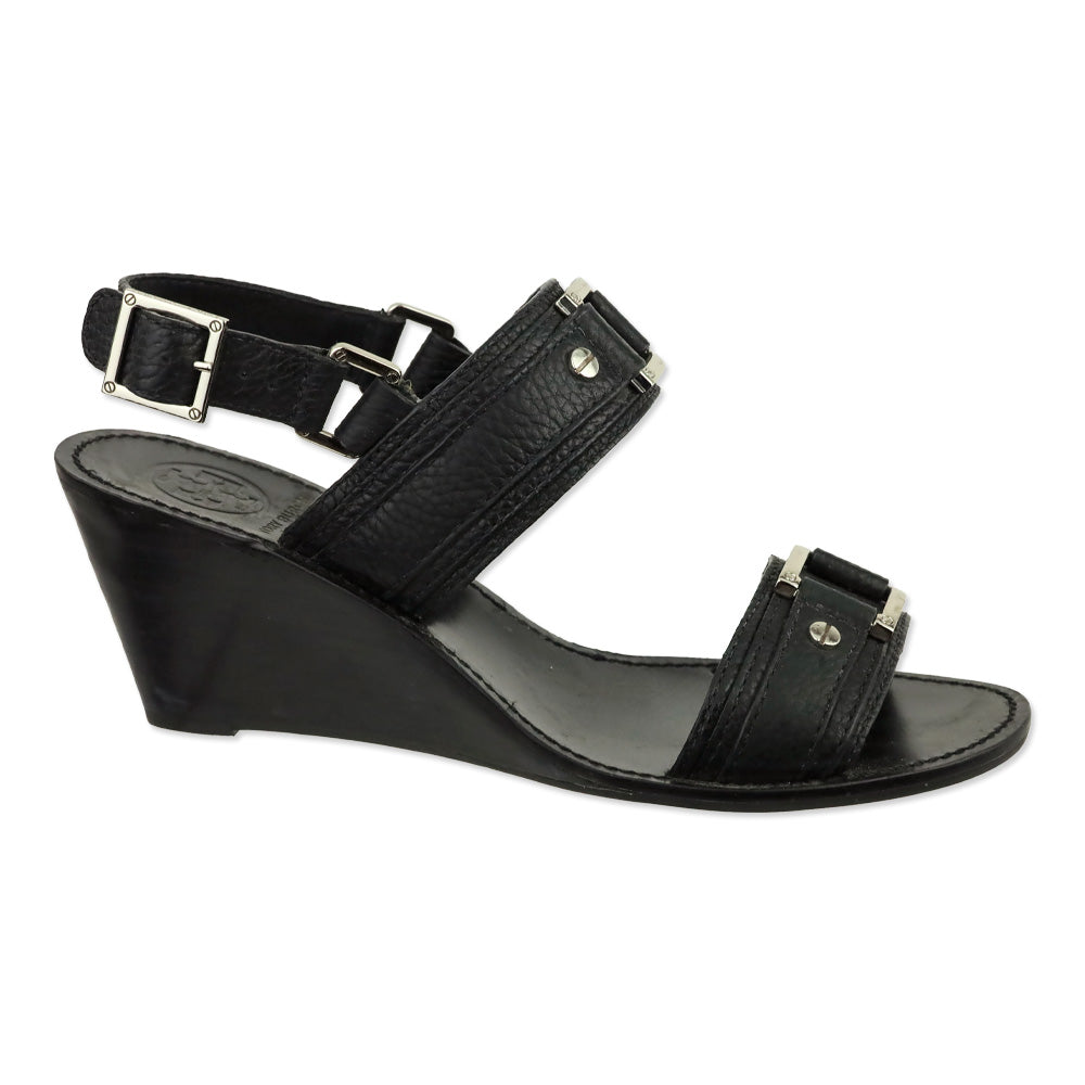 Tory Burch Black Carys Tumbled Leather Wedge Sandal
