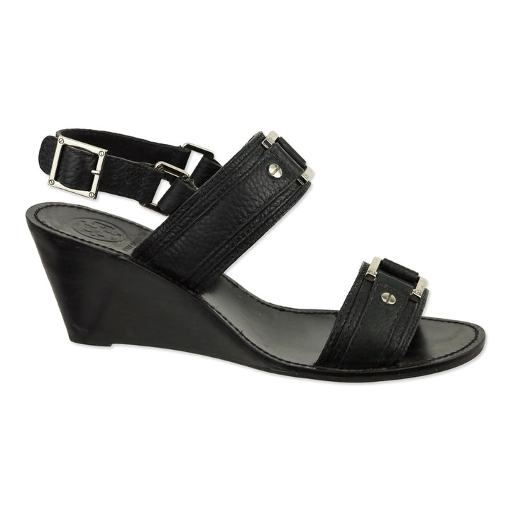 Tory Burch Black Carys Tumbled Leather Wedge Sandal