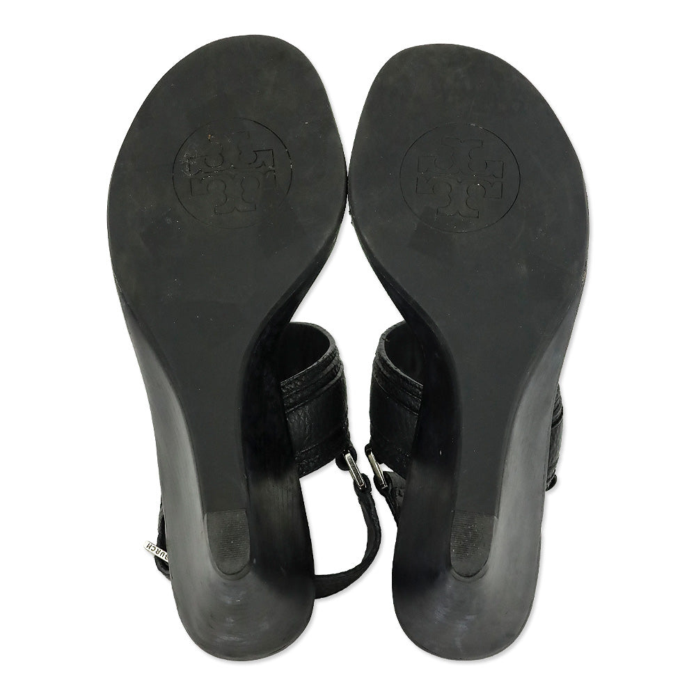 Tory Burch Black Carys Tumbled Leather Wedge Sandal