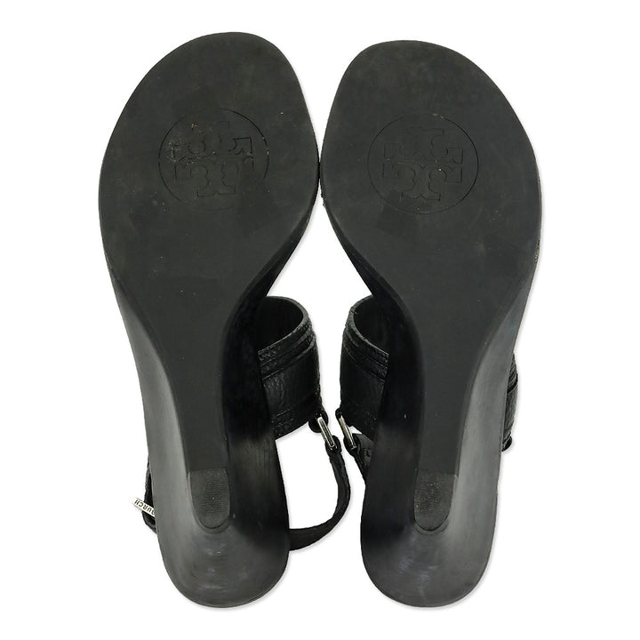 Tory Burch Black Carys Tumbled Leather Wedge Sandal