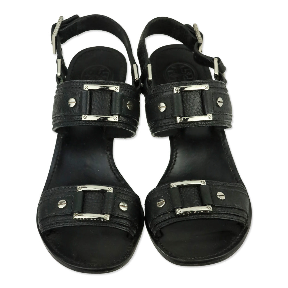 Tory Burch Black Carys Tumbled Leather Wedge Sandal