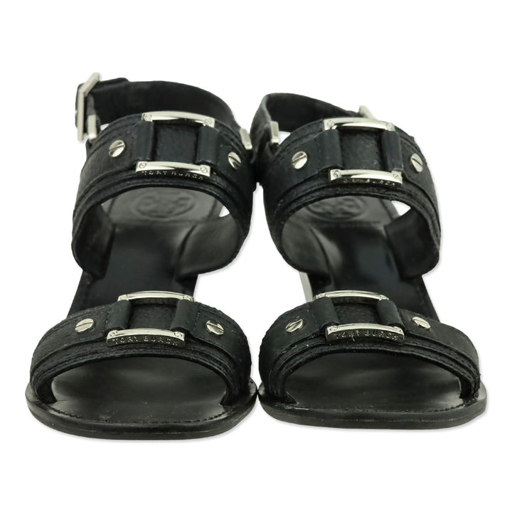 Tory Burch Black Carys Tumbled Leather Wedge Sandal