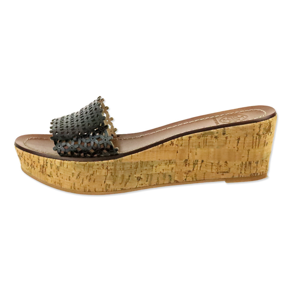 Tory Burch Black Daisy Laser Cut Patent Leather Cork Wedge Slide Sandal
