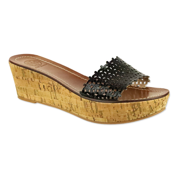 Tory Burch Black Daisy Laser Cut Patent Leather Cork Wedge Slide Sandal