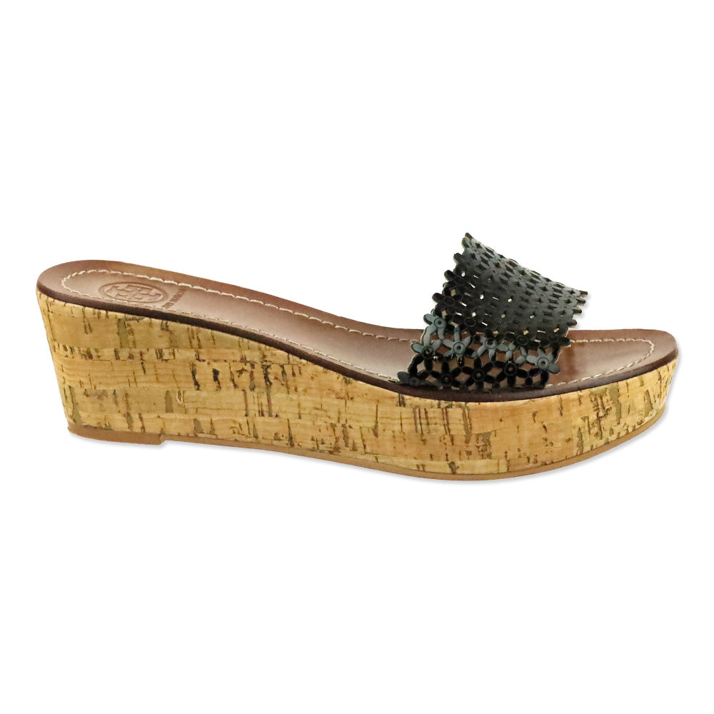 Tory Burch Black Daisy Laser Cut Patent Leather Cork Wedge Slide Sandal