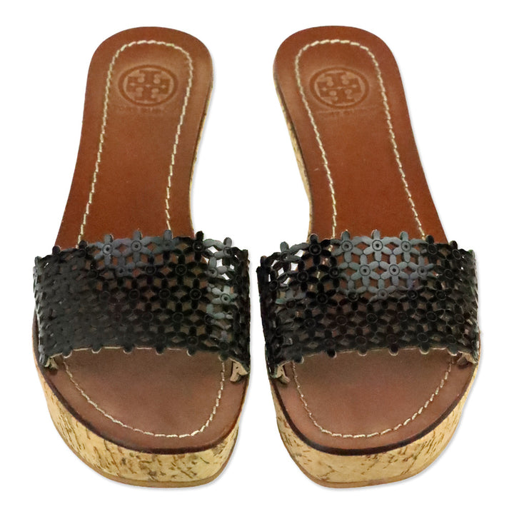 Tory Burch Black Daisy Laser Cut Patent Leather Cork Wedge Slide Sandal