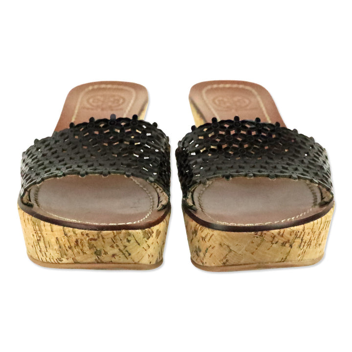 Tory Burch Black Daisy Laser Cut Patent Leather Cork Wedge Slide Sandal