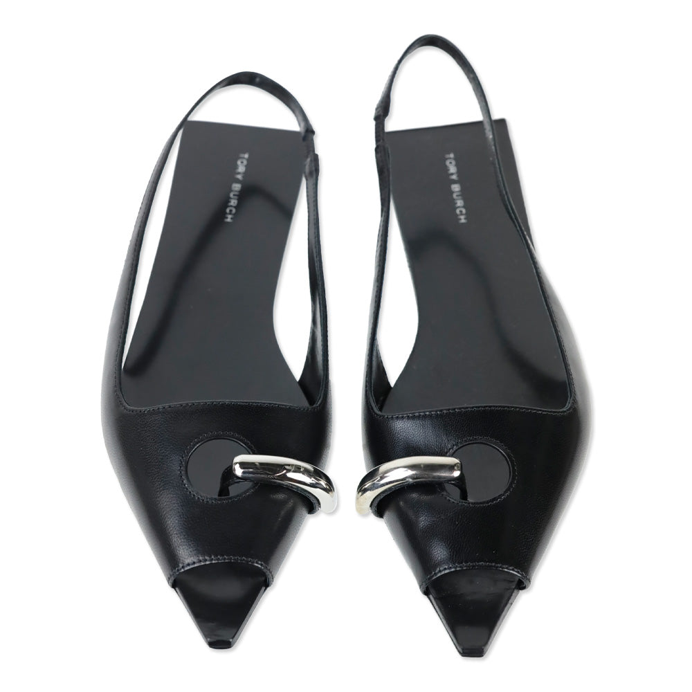 Tory Burch Black Goat Leather Pierced Slingback Flat