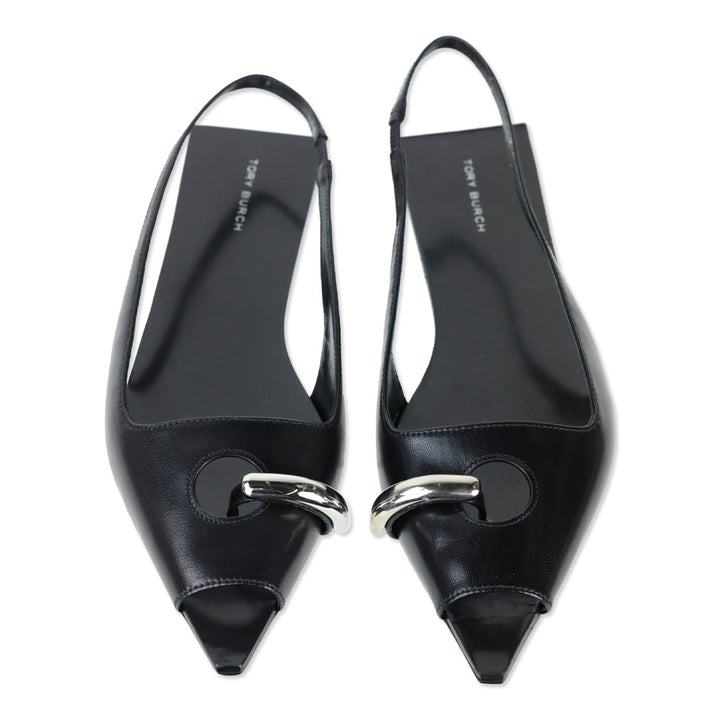 Tory Burch Black Goat Leather Pierced Slingback Flat