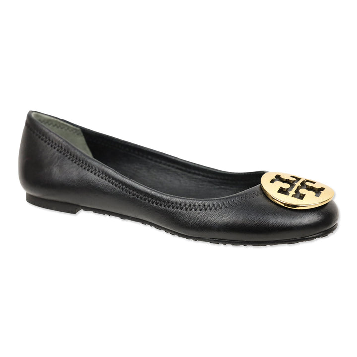 Tory Burch Black Leather Logo Ballet Flats