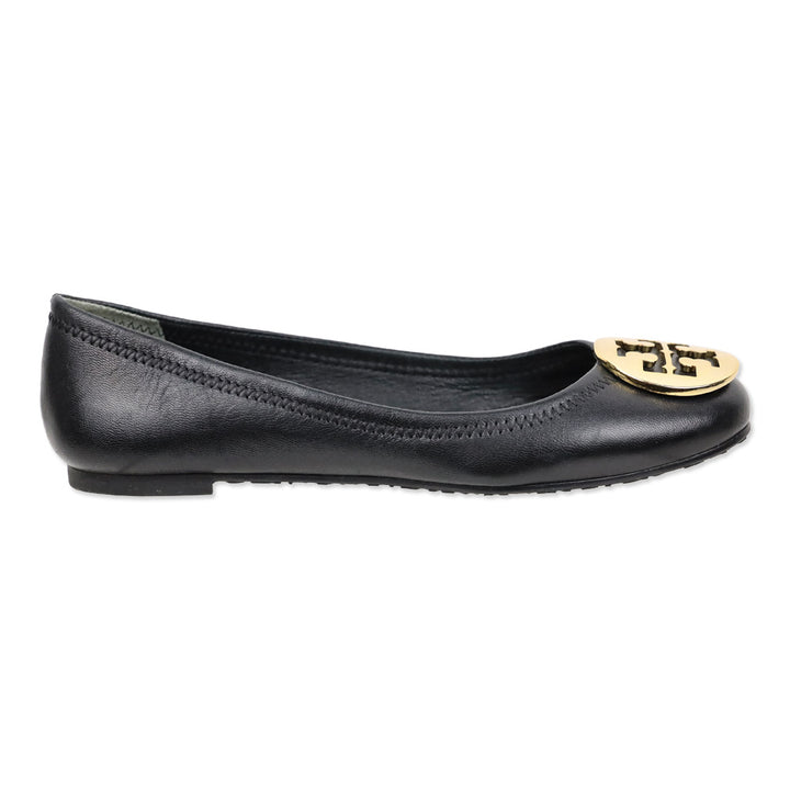 Tory Burch Black Leather Logo Ballet Flats