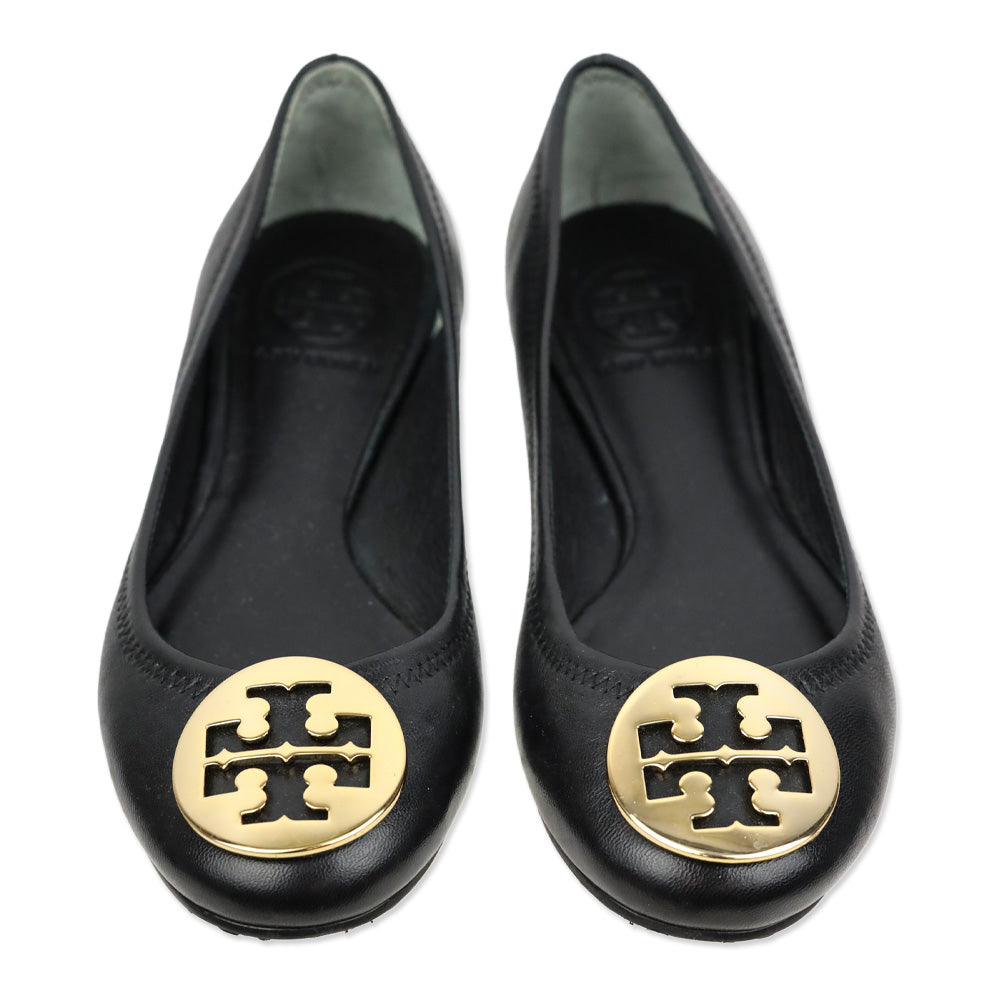 Tory Burch Black Leather Logo Ballet Flats