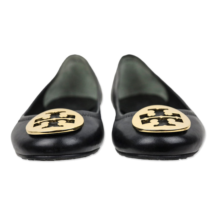 Tory Burch Black Leather Logo Ballet Flats