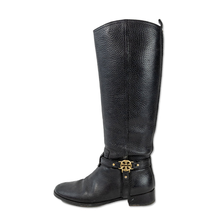 Tory Burch Black Leather Riding Boots with Gold Buckle