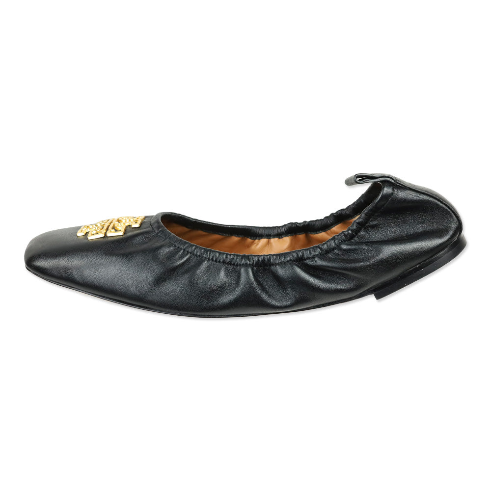Tory Burch Black Nappa Leather Sheep Plume Britten Ballet Flat