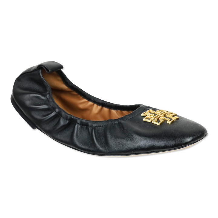 Tory Burch Black Nappa Leather Sheep Plume Britten Ballet Flat